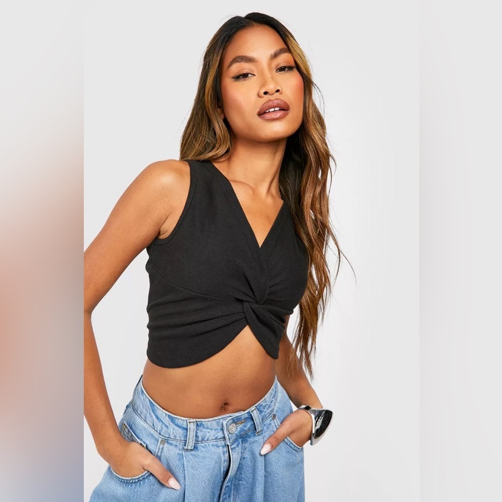 Cider Women's Brown Sleeveless Crop Top Knot Front Size M Ruffle Stretch NEW